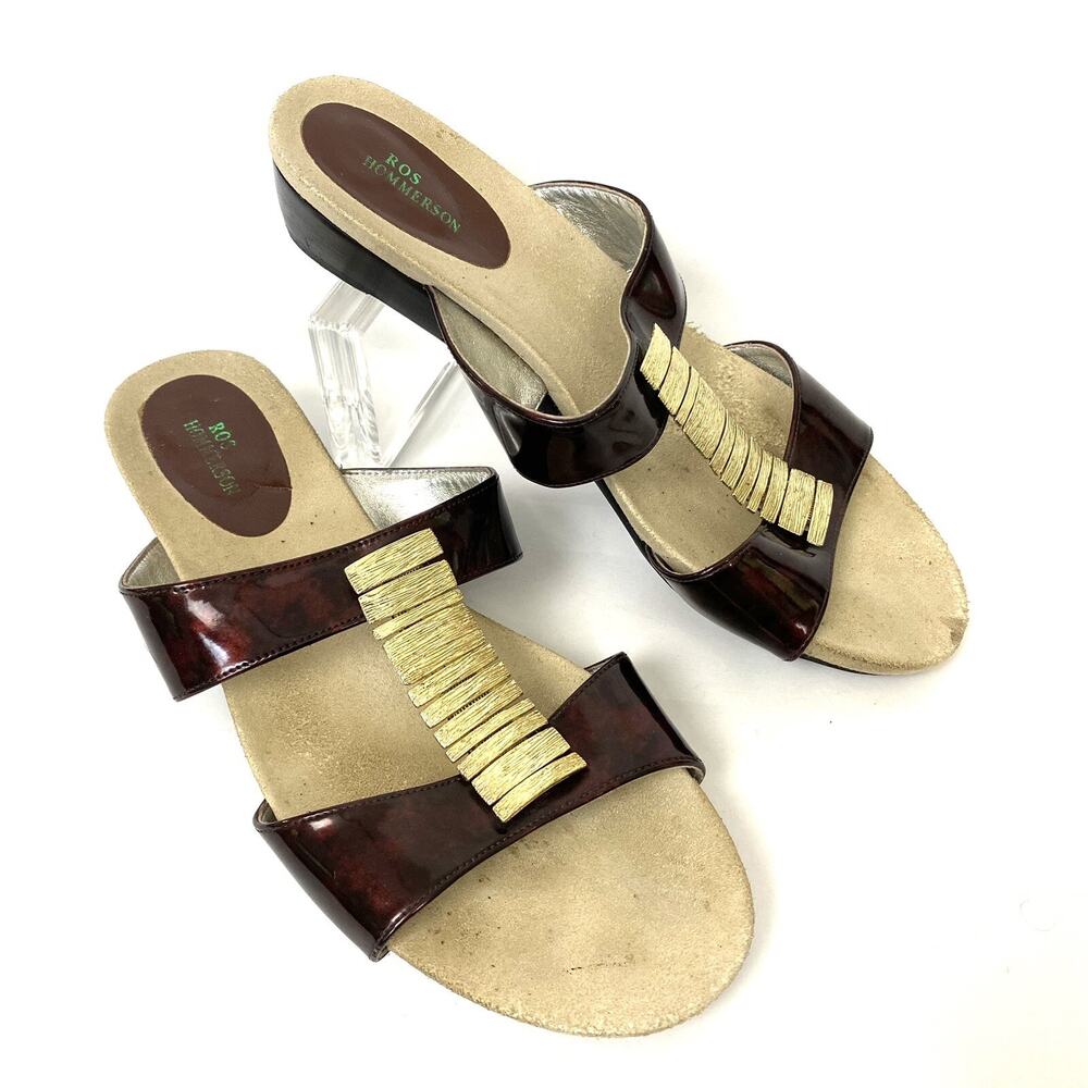 Ros Hommerson Sandals 9 M Brown Tortoise Patent Leather Gold Trim Open Toe Wedge - Picture 1 of 9